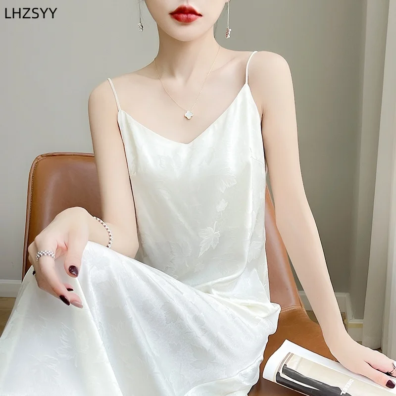 LHZSYY 2024 Summer New Satin Silk Suspender Dress Lady Loose High Waist Leaf Sling Long Skirt Printed Inside A-Word Dress Female