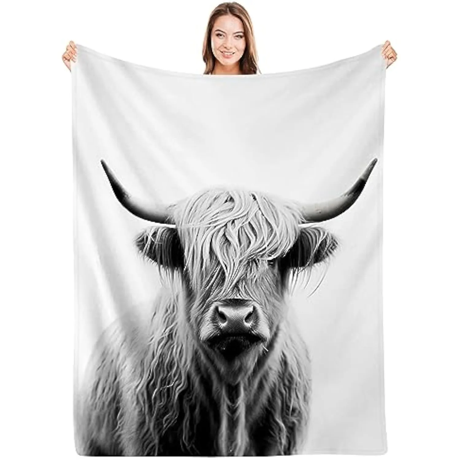Highland Cow Blanket Portrait of Cow Pattern Flannel Throw Blanket Highlander Animal Scotland Horns