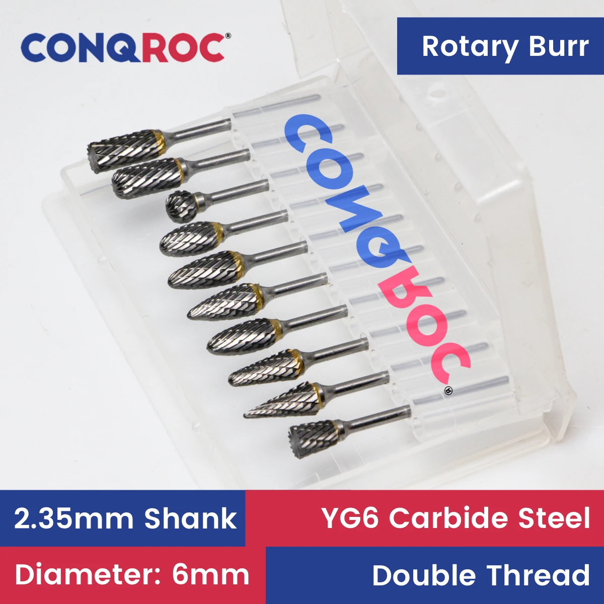 

2.35mm Shank Diameter-6mm Rotary Burrs Set 10-Different-Type Tungsten Carbide Double Cut Milling Cutters Kit for Dremel