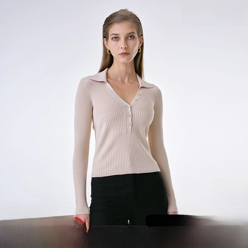 

Slim Fit Long Sve V-Ne Трикотаж Весна Осень Базовый слой на пуговицах Одежда INSPIRE STORIES Женский модный вязаный топ