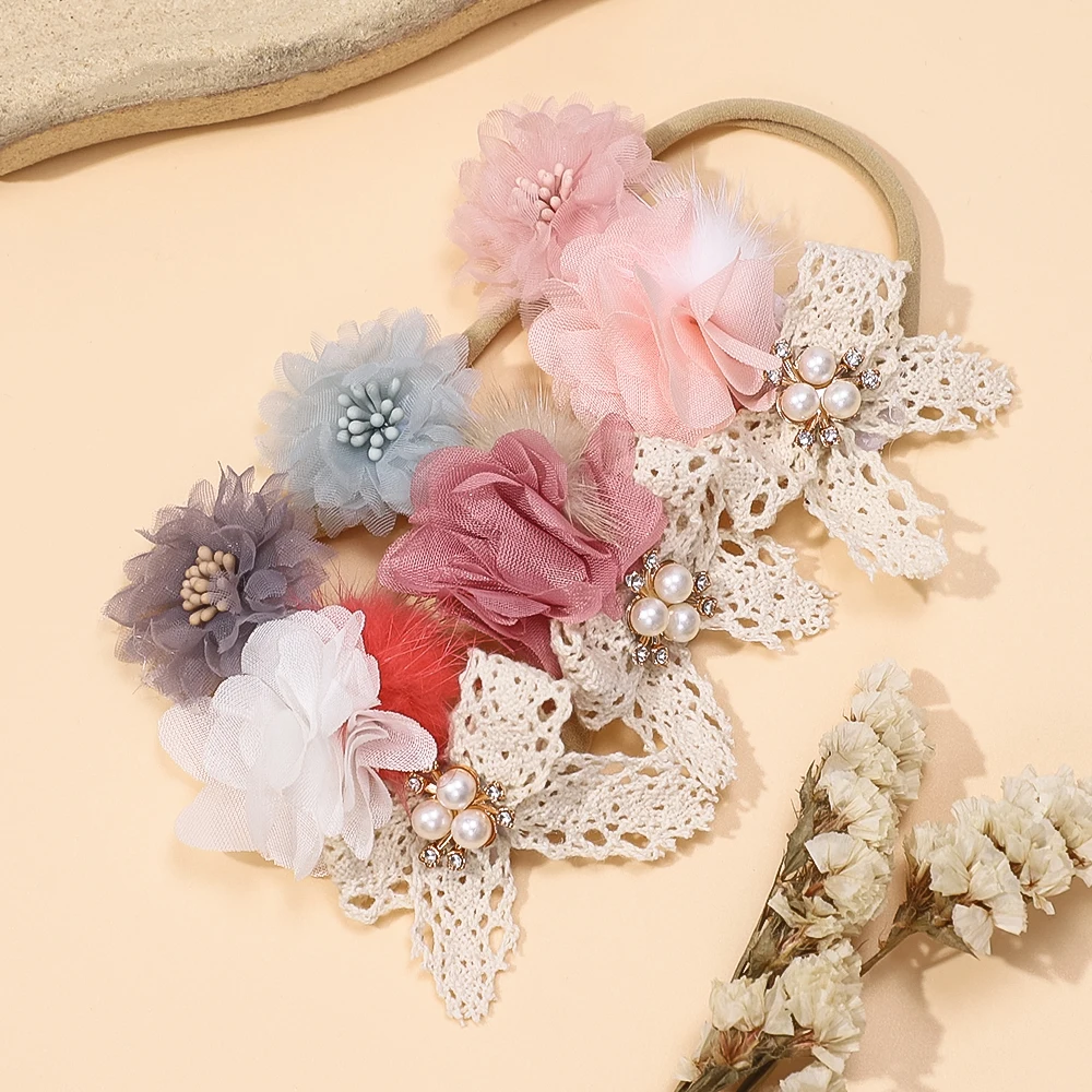 Headband For Kids Girls Cute Lace Chiffon Flower Hair Band Nylon Soft Skinny Elastic Headdress Newborn Baby Hair Accessories