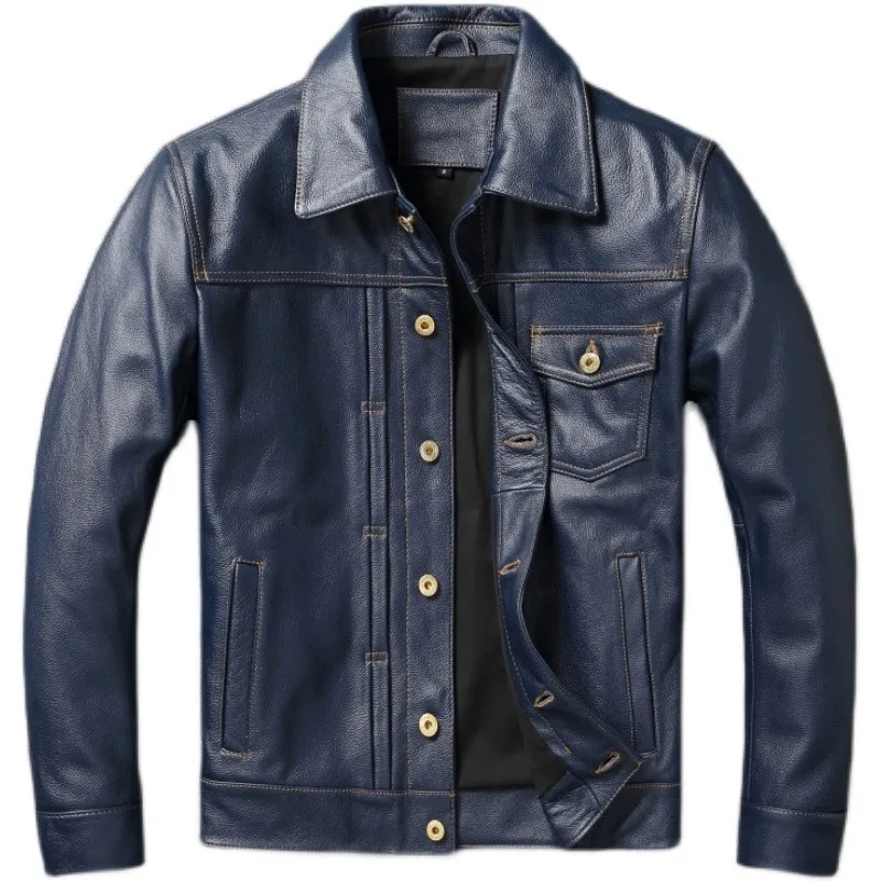 Vintage Blue Genuine Leather Jacket Men 506 Style Slim Fit Short