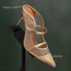 Romantic Golden Crystal Diamond Mesh Slingback Heels Woman Purple Pointed Stiletto Sandals Sexy Red Hollow Diamond Elegant Shoes