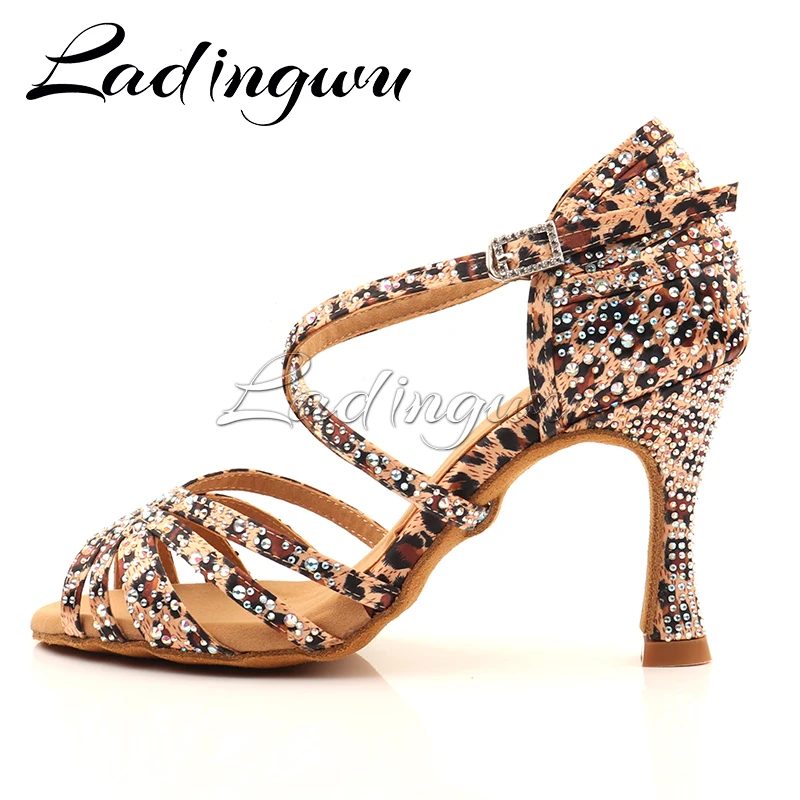 Ladingwu Leopard Print Latin Dance Shoes for Women Soft Sole High Heels Tango Salsa Ballroom Shoes Ladies Girls