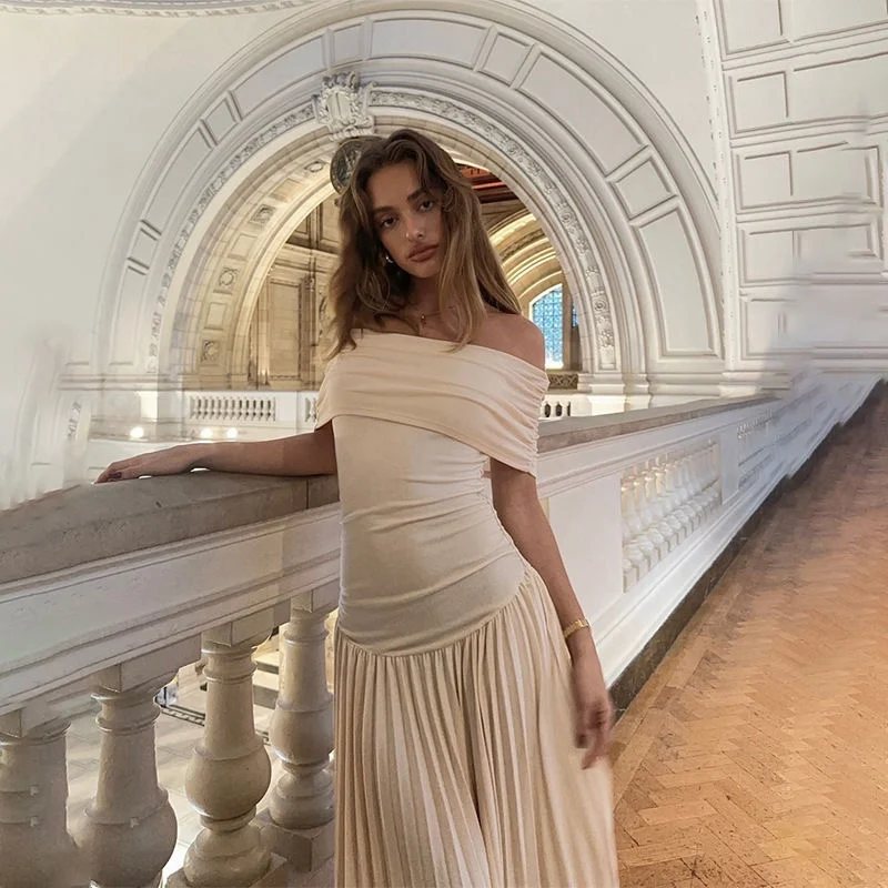 Sommer Frauen Kleid eine Schulter Solide Elegante Temperament Slim Fit Falten Liebsten Design Französisch Langen Rock Schlank Mode Retro