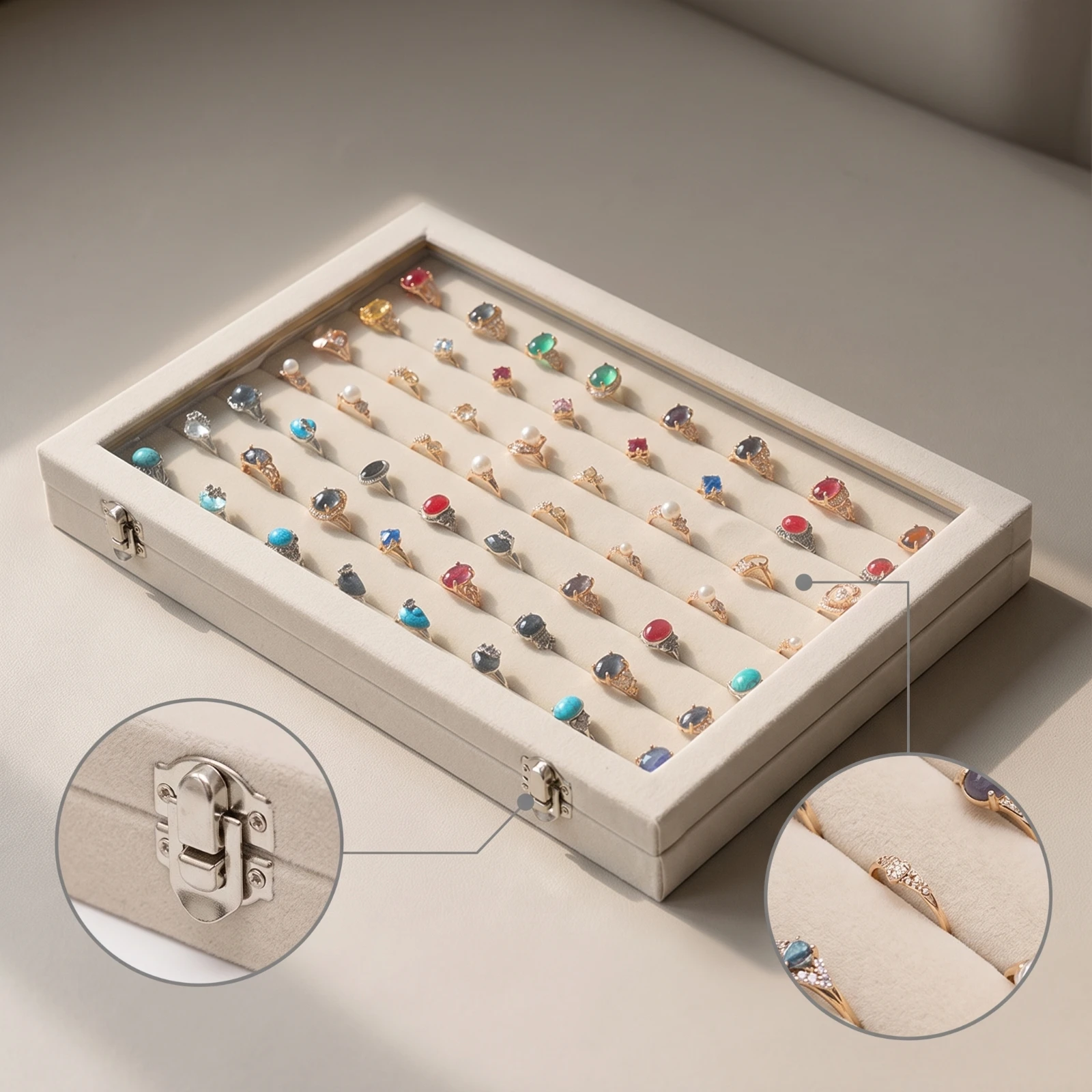 Jewelry Box with Glass Lid Dustproof Jewelry Organizer Box Rectangular Slim for Dresser, Vanity
