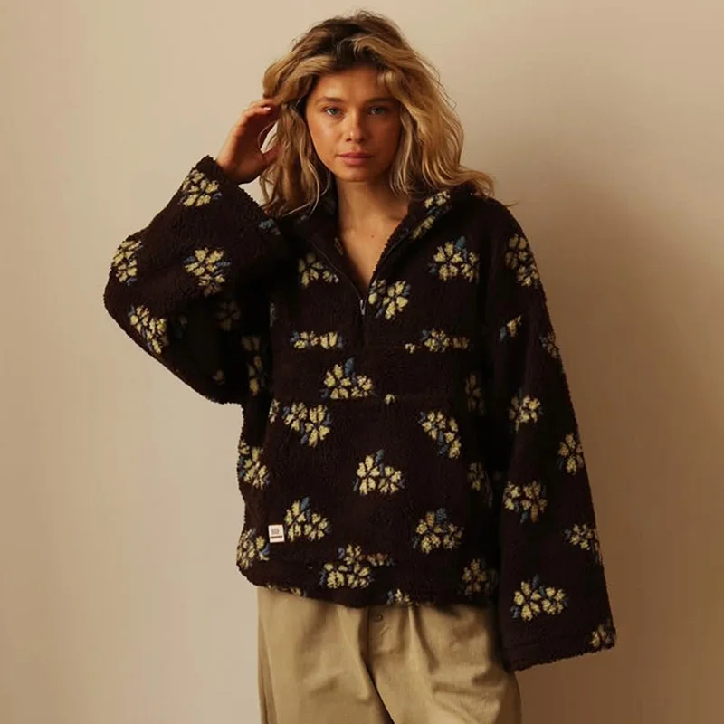 

Ticketsx Print Imitation Lamb Pullovers Women Autumn Winter Zip Pocket Loose Sweaters Fashion Lady Casual Vacation Office Coat