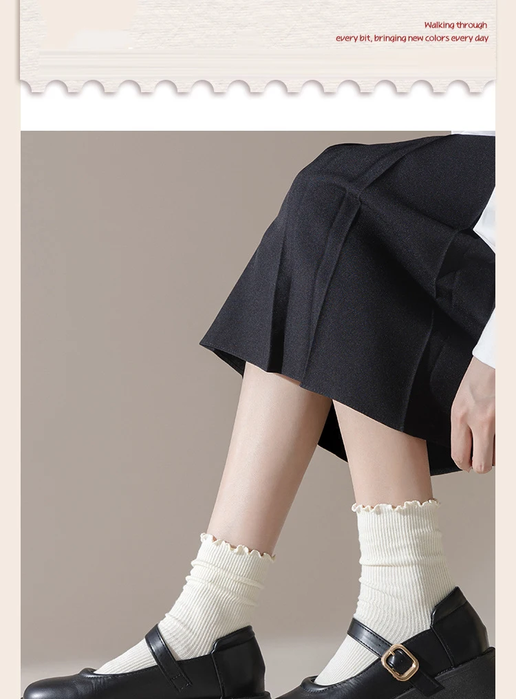 6 Paar Rüschensocken für Damen, Baumwolle, einfarbig, mittellange Socken, niedliche, kawaii, koreanische, atmungsaktive, schwarz-weiße kurze Strümpfe – Detail 7