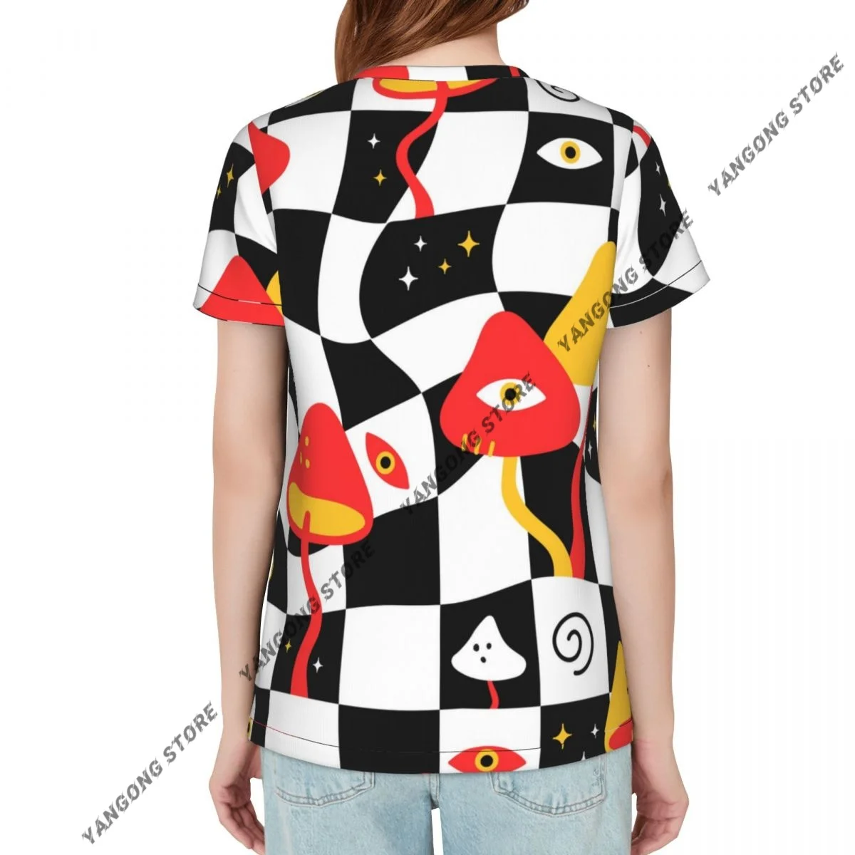 T Shirt Women Trippy Mushrooms With Eyes On Melt Geometry Tee Shirt Casual Round Neck Short Sleeve Streetwear Female T-Shirt