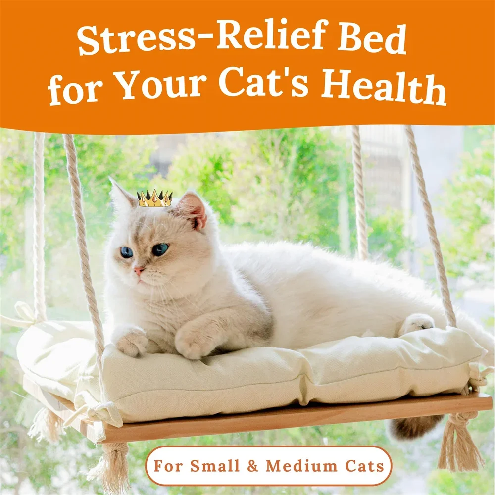 ​Cat Solid Wood Hammock Bed 4 Heavy Duty Suction Cups Plush Cushion Indoor Pet Bed for Small Large Cats​