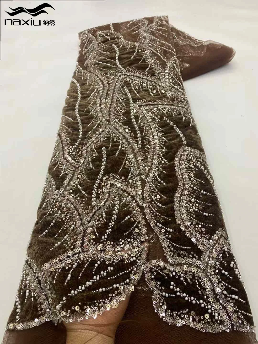 Madison Luxury African Lace Fabric 2025 High Quality Sequins Beads Lace Fabrics For Nigerian Wedding French Velvet Lace Fabric