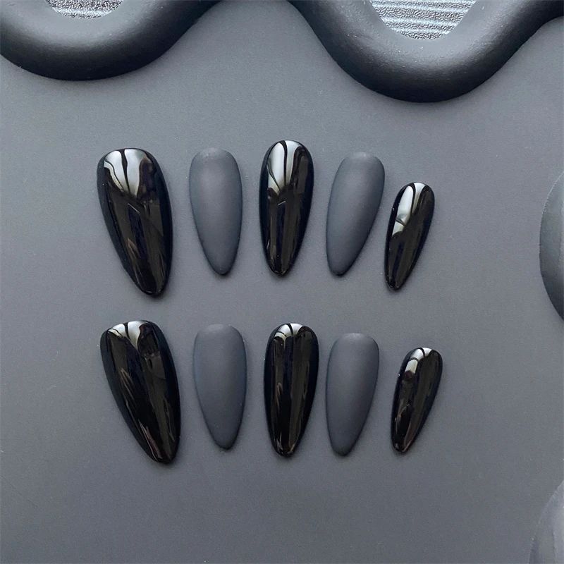 Handmade Almond Black Press on Nails Full Cover Acrylic Fake Nails Medium Matte Dark Manicure Nail Tips Wearable Reusable Woman