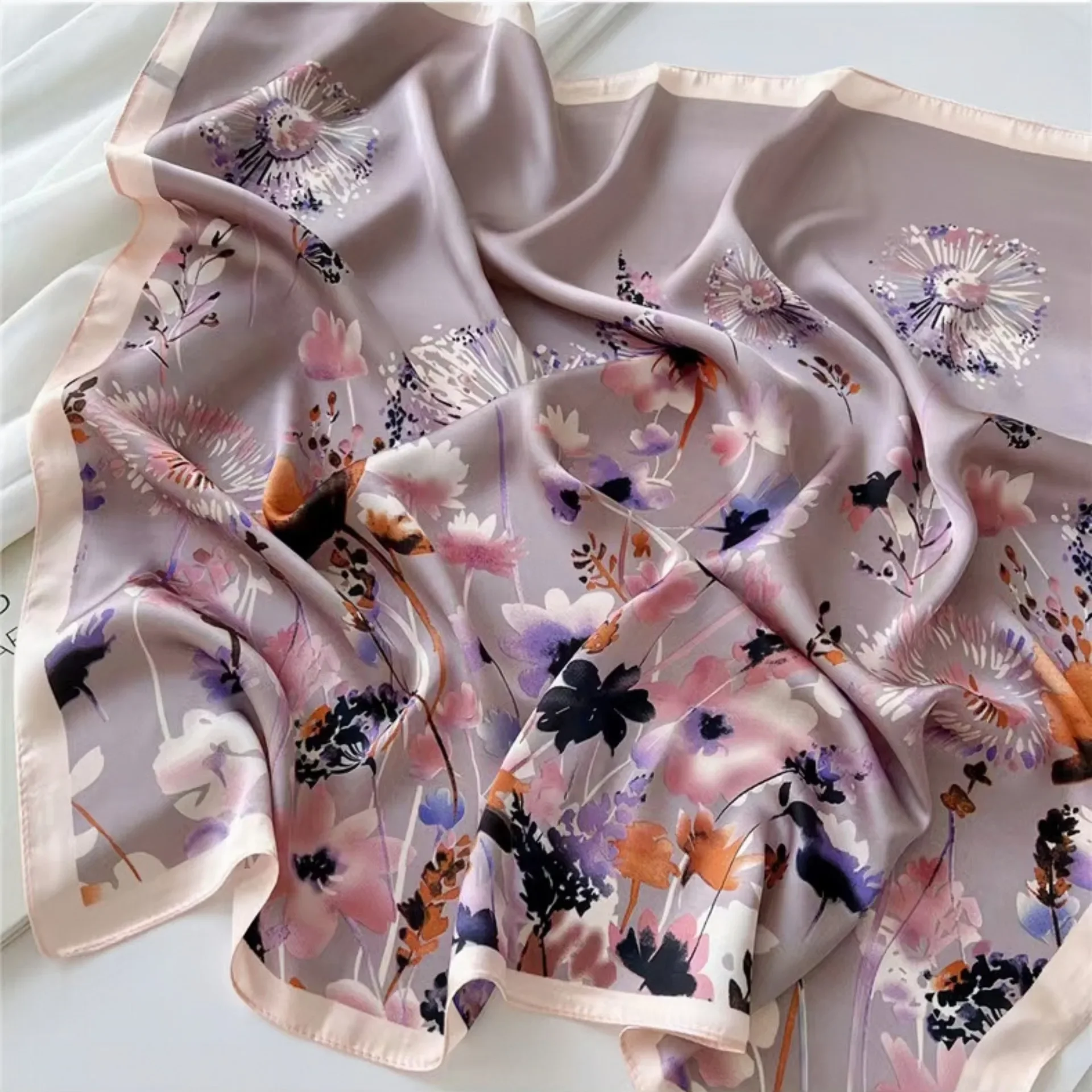 Spring/Summer Soft Satin Neckerchief Fashion 70*70cm Flower Print Square Scarf Women’s Breathable Imitation Silk Bandannas