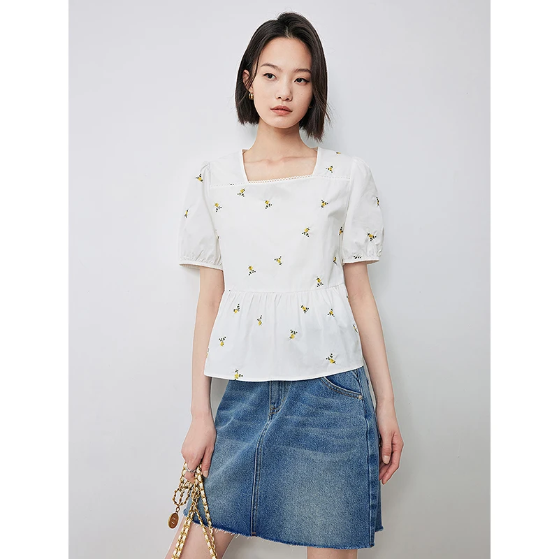 TOYOUTH Womens Short Sleeve T-shirt 2024 Summer New Flower Embroidered Shirt Square Neck Buff Sleeve Doll Shirt