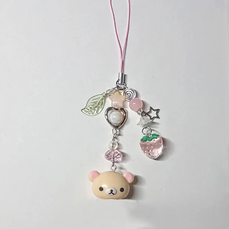Korean Cute Strawberry Bear Heart Beaded Phone Chain Charm Lanyard For iPhone Samsung Universal Anti-Loss Hanging Rope Jewelry