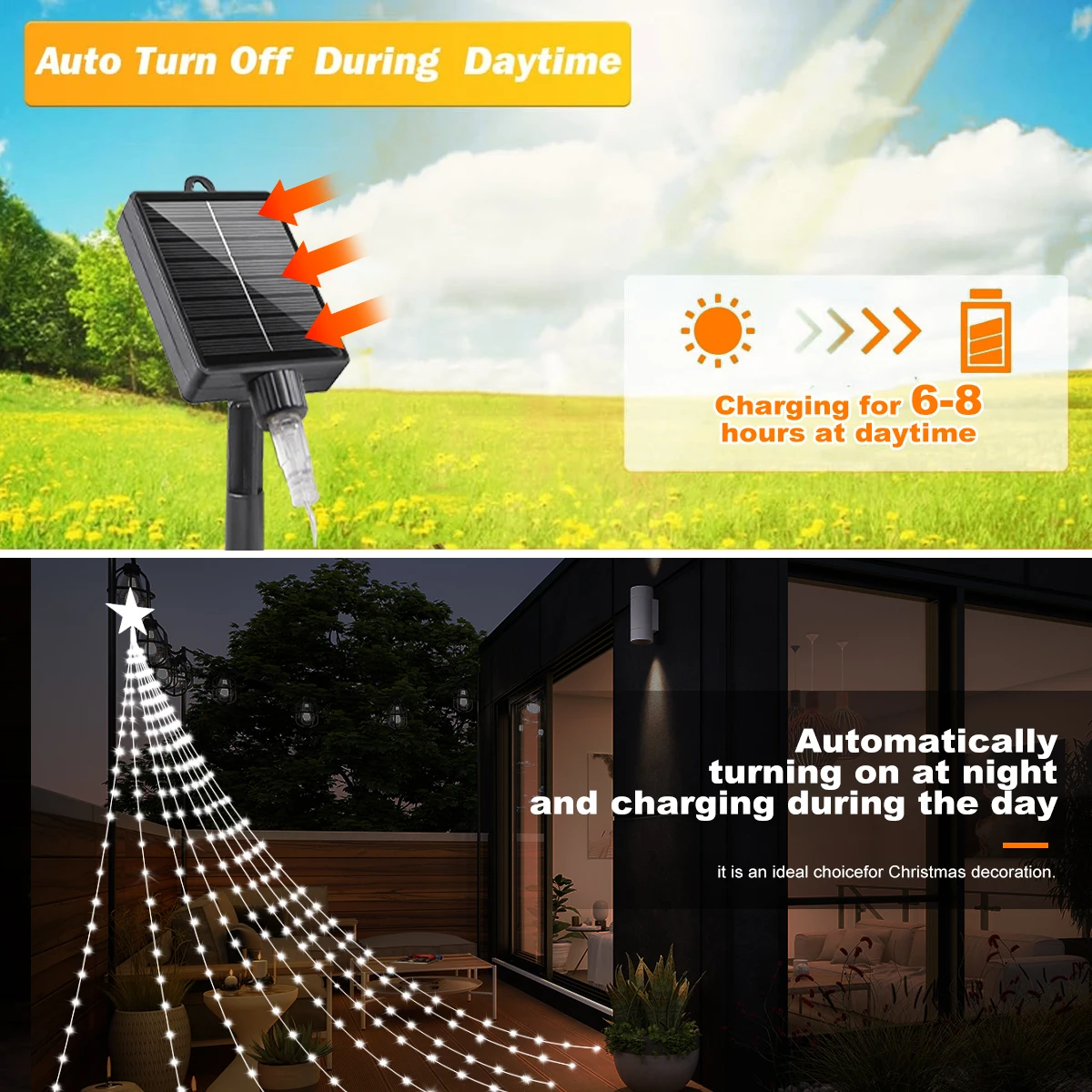 Outdoor Solar Christmas Tree Lights 8 Modes 2/3M LED Pentagram Waterfall Lights Waterproof String for Courtyard Party Decor