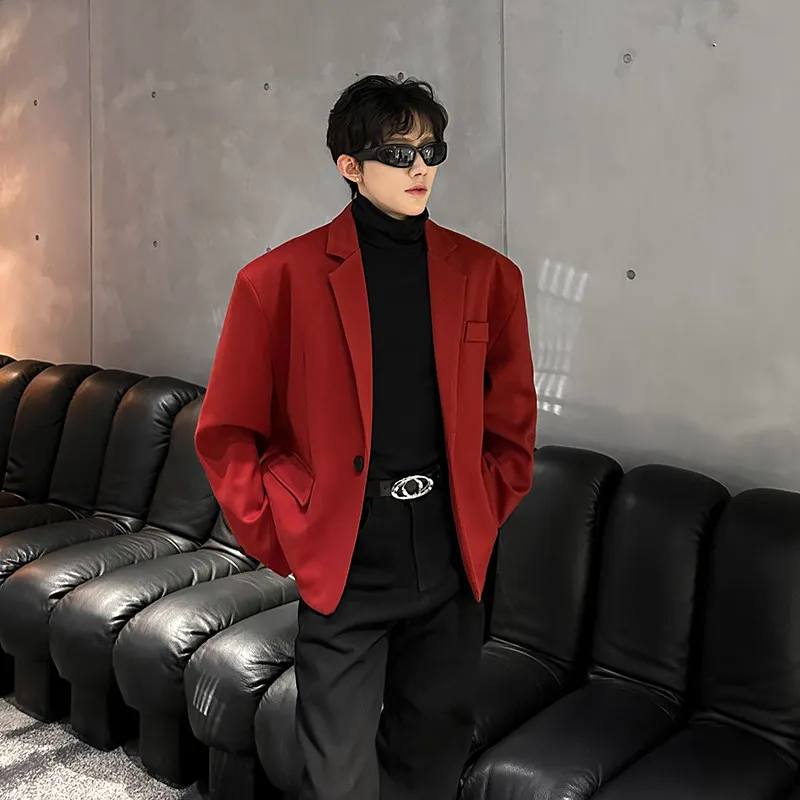 

Autumn Winter Wine Red Woolen Material Casual Small Suit Jacket Korean Style Men's Fashion Shoulder Pad Western Wear