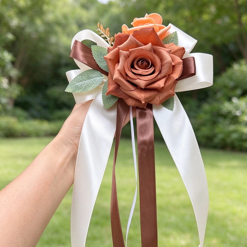 Wedding Car Artificial Rose Flower Ornament Satin Ribbon Car Mirror Door Handle Decor for Bridal Car Decoration