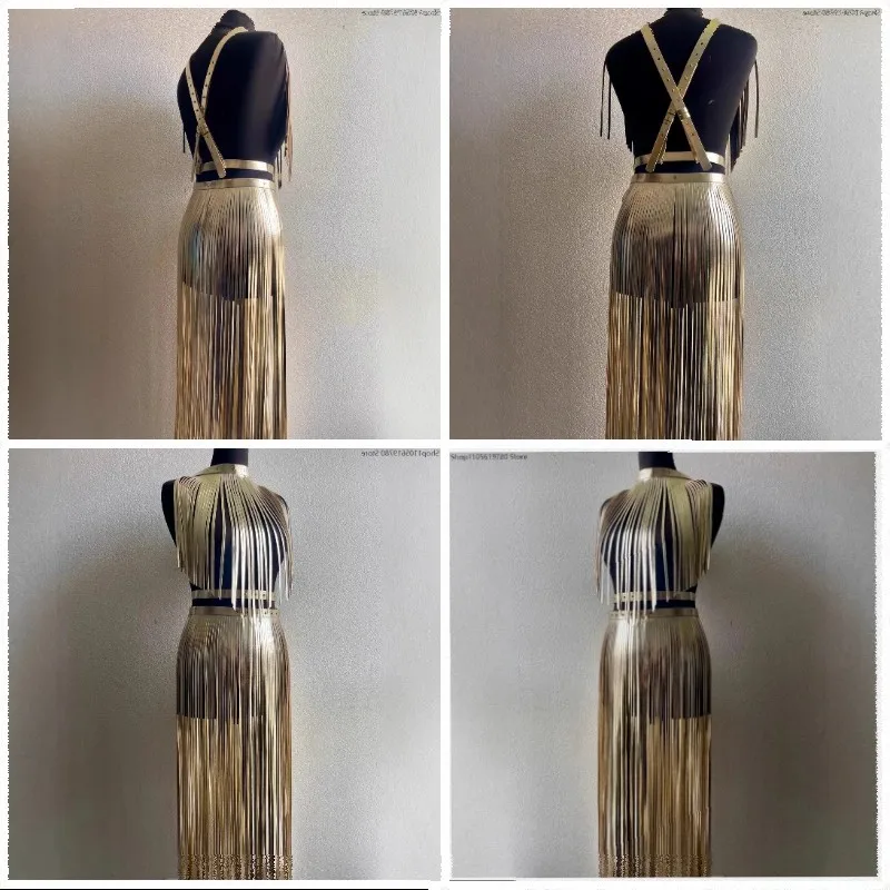 Shiny Metallic Gold Multi‑Layer Fringe Body Harness Set Choker Sleeveless Top And Extra‑Long Tassel Waist Skirt Prop Accessory