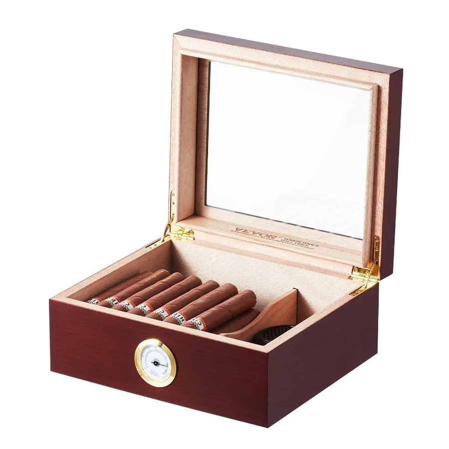 

50 Cigars Humidor Glasstop Cedar Cigar Storage Box Humidifier Hygrometer