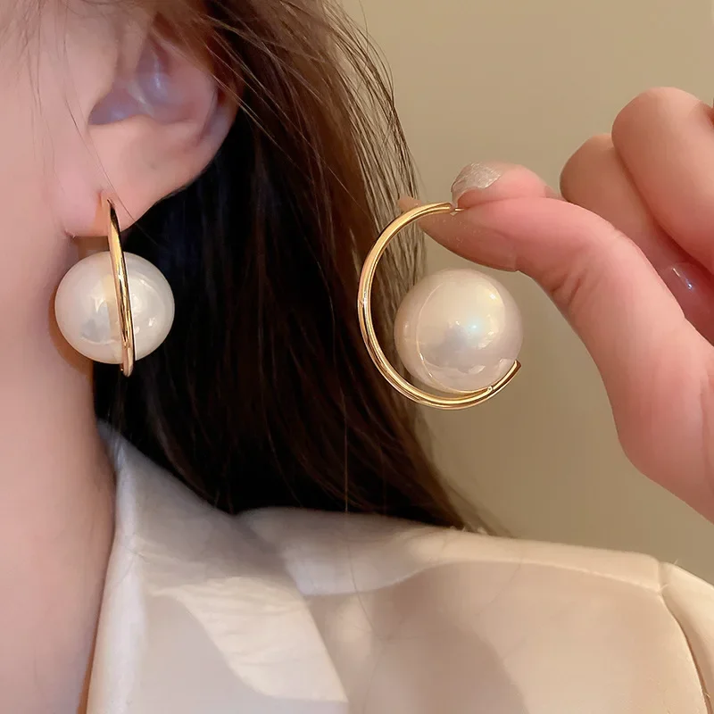 Korean  Large Round Imitation Pearl Drop Earrings For Women Elegant Hoop Earring Daily Jewelry Pendant Gift