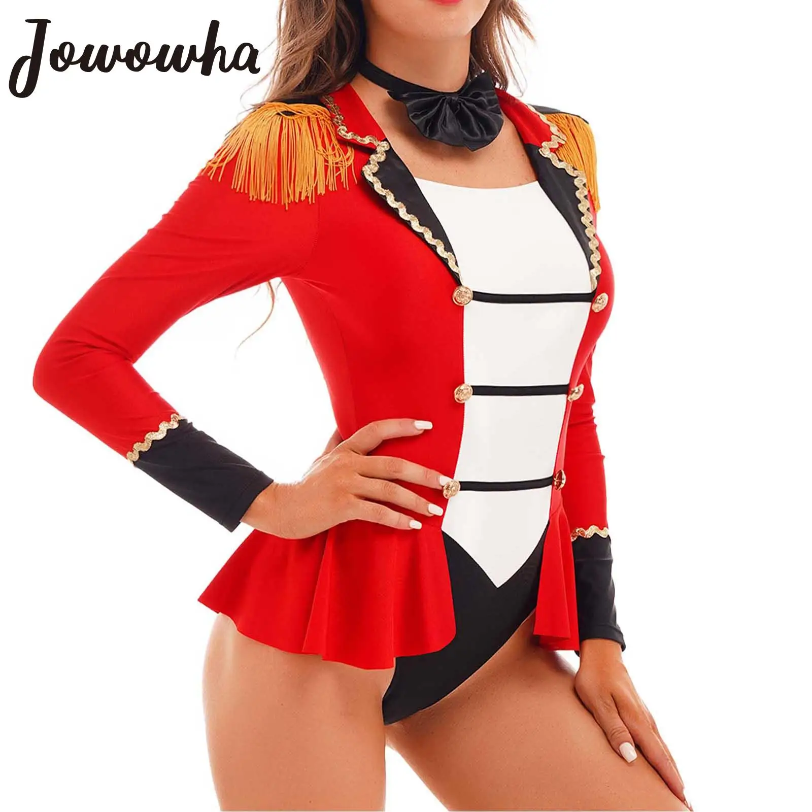 

Womens Circus Ringmaster Cosplay Costume Halloween Carnival Party Showman Lion Trainer Role Play Long Sleeve Jumpsuit Skirted