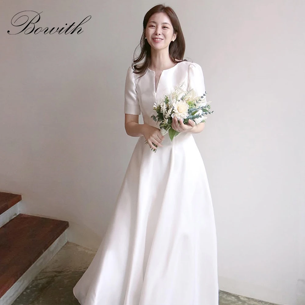 

Bowith Korean Wedding Dresses 2025 Satin O-Neck Short Sleeves Bridal Gown Customized Simple Elegant Wedding Snap Dress Reception