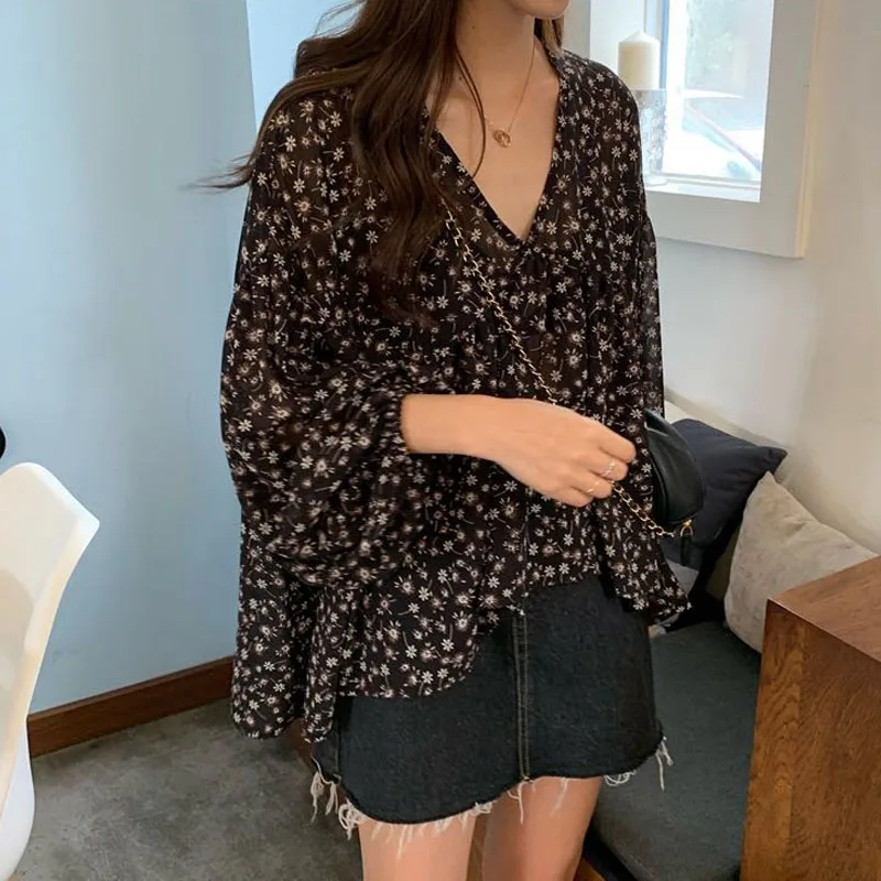 V-neck Chiffon Shirt Women Sweet Tops Blouse 2023 Spring Korean Floral Print Long Sleeve Casual Loose Slim Lady Clothes New 9307