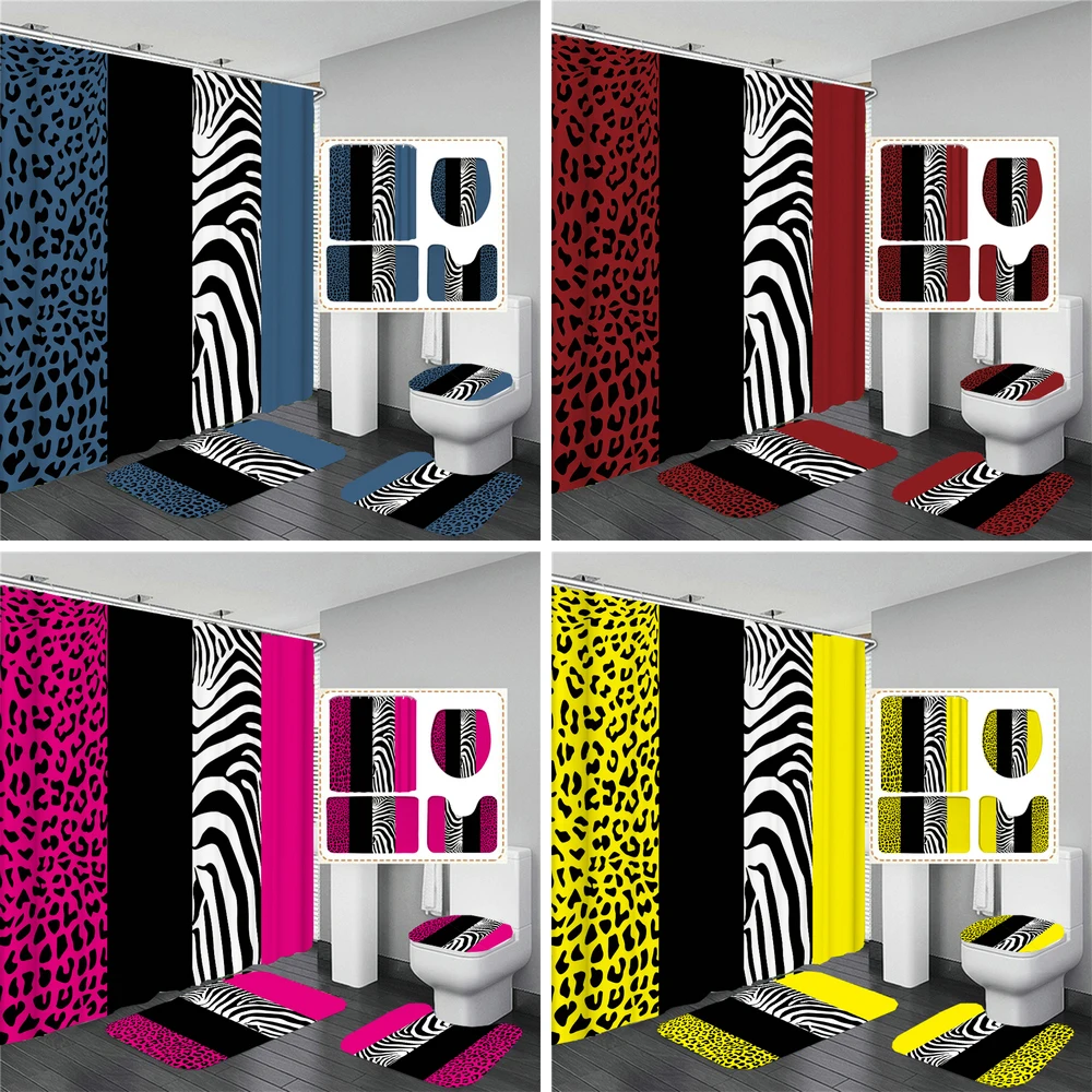 

Fashion Personality Striped Zebra Pattern Cloth Bathroom Shower Curtain Set with Hook Bath Mat Rug Non-slip Carpet Toilet Covers