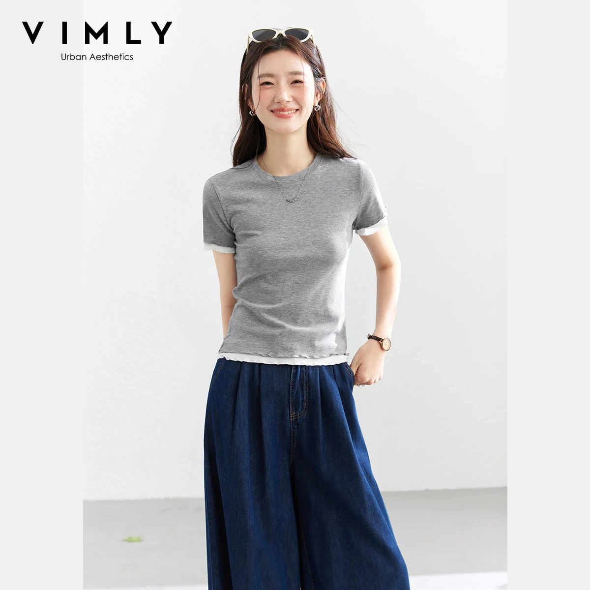 

VIMLY Women's Fake Two-Piece Short Sleeve T-Shirt 2026 Summer New Gray Crew Neck Ruffle Color Block Patch Slim Casual Top 30915