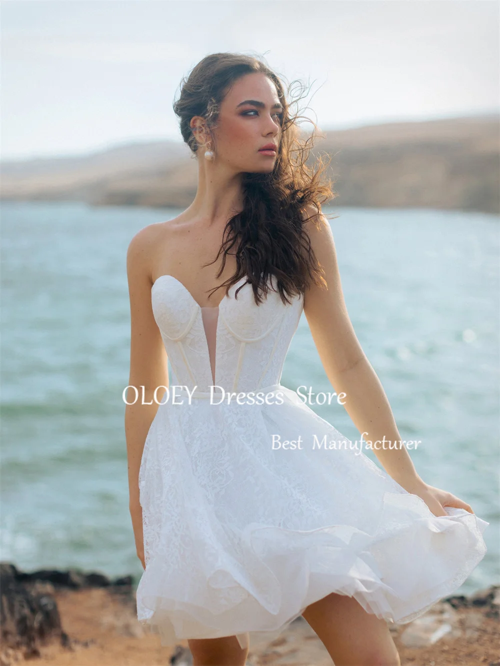 OLOEY Sexy Ivory Mini Wedding Dress Exquisite Lace Sleeveless Short Bridal Gown Prom Cocktail Dress Zip Back Custom Made