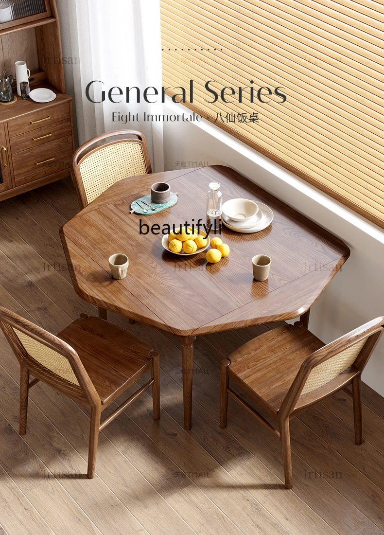 Nordic Solid Wood Dining Table Deformable Folding Ash Octagonal Eight-Immortal Table round Table Dual-Use Dining Table and Chair