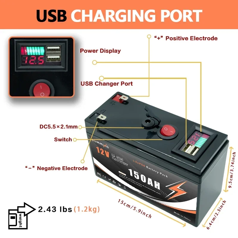 

12V 150Ah Lithium 5000+Cycles LiFeP04 Rechargeable Battery for Solar/Wind Power,Small UPS,Lighting,Power Wheels,Fish Finder