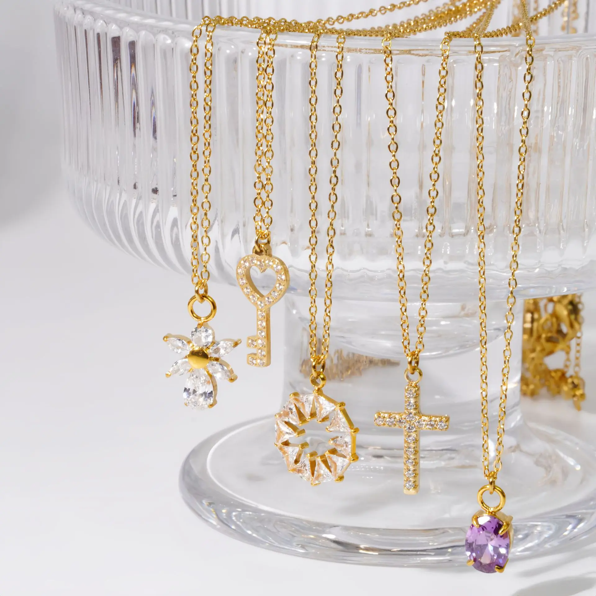 V. Stainless Steel 14 Style Zircon Heart Cross Layering Necklace Layering Fine Polishing Fashion Jewelry Making Wholesale