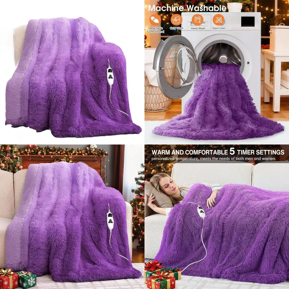 

Фиолетовое электрическое одеяло из шерпа из искусственного меха с 10-мя нагревами и 5-мя настройками времени для женщин и бабушек — идеальный теплый зимний подарок