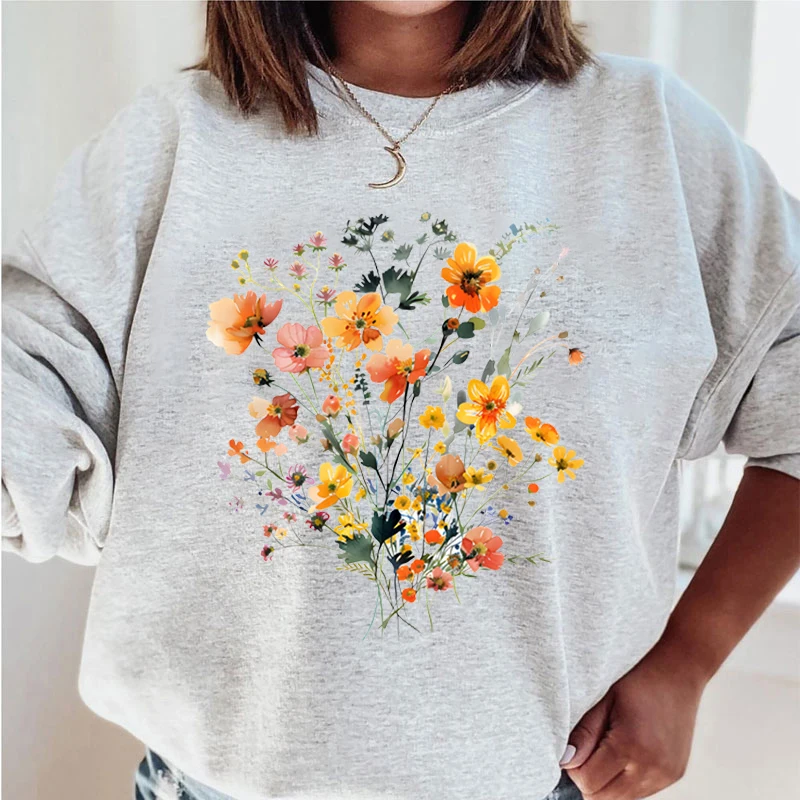 Wild Flower Oil Painting Sweatshirts Watercolor Floral Bohemia Pullover Long Sleeve O-Neck Streetwear Flower Trend Women Hoodie