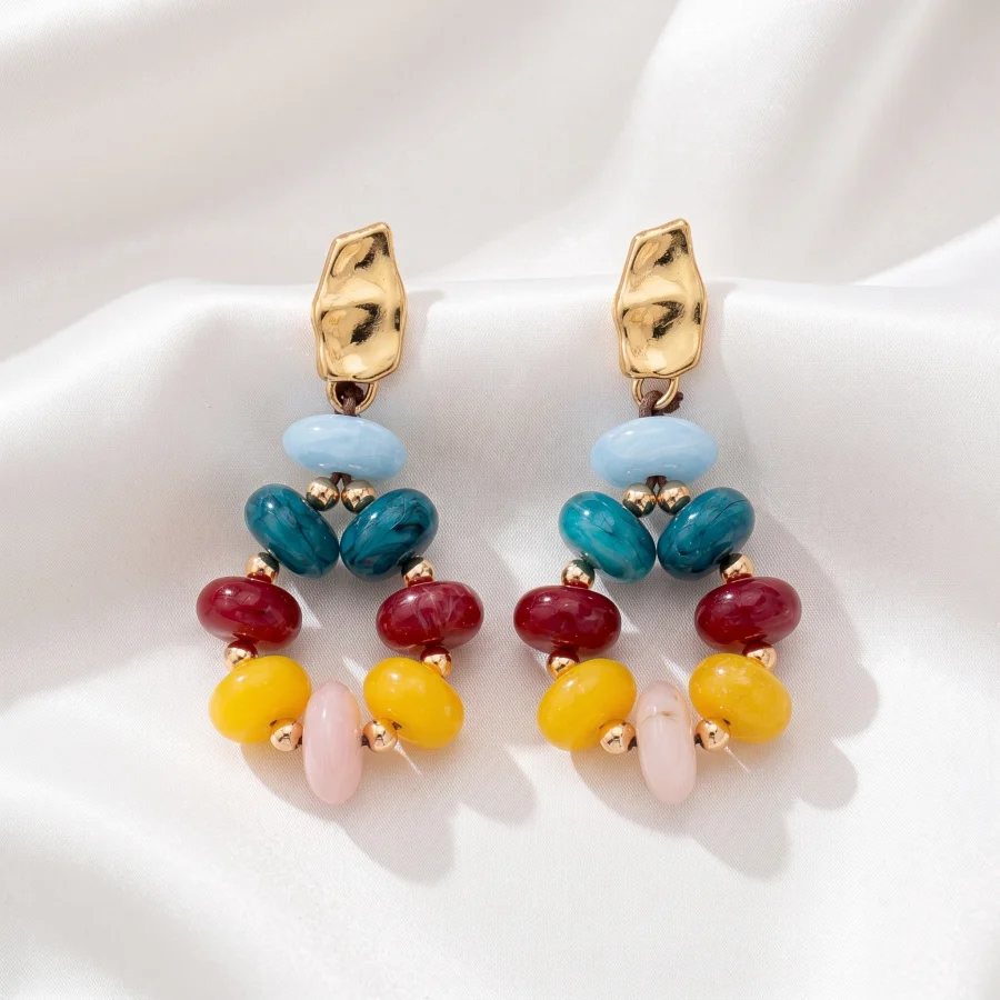 Boho Rainbow Resin Bead Hoop Earrings Irregular Top Multi Tone Drop Statement Jewelry For Women Garden & Bridal Wear