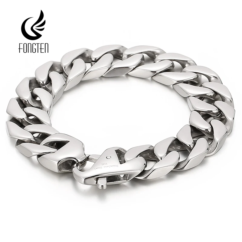 

Fongten 22cm Men Bracelet Shiny Stainless Steel Brushed Cuban Chain Charm Bangle Bracelet For Men Silver Color Wristband Jewelry