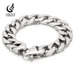 Fongten 22cm Men Bracelet Shiny Stainless Steel Brushed Cuban Chain Charm Bangle Bracelet For Men Silver Color Wristband Jewelry