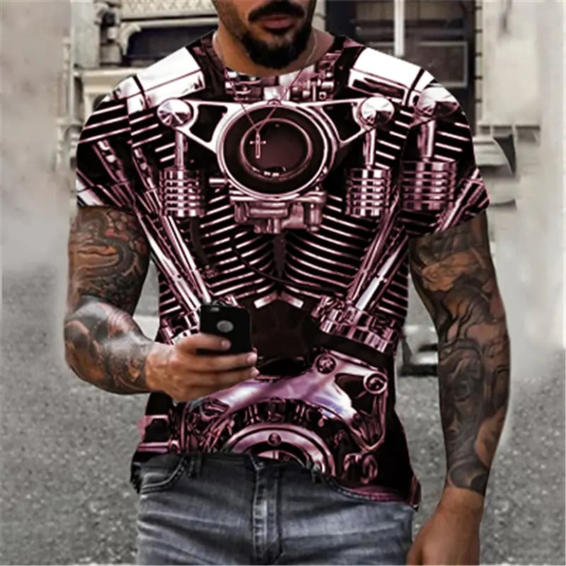 Motorcycle V Twin Engine 3D All Over Print Men Short Sleeve T-Shirt Biker Vintage Mechanical Graphic Casual Tee