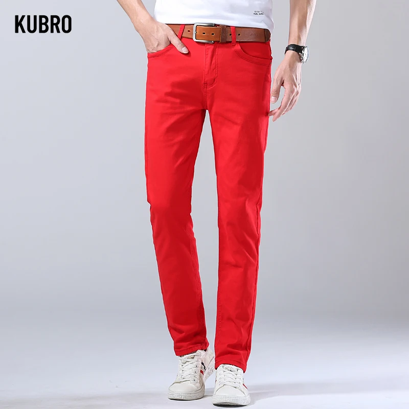 2024 Autumn New Men\'s Bright Stretch Fit Jeans Trendy Denim Straight-leg Trousers Male Red Lake Blue Yellow Trousers