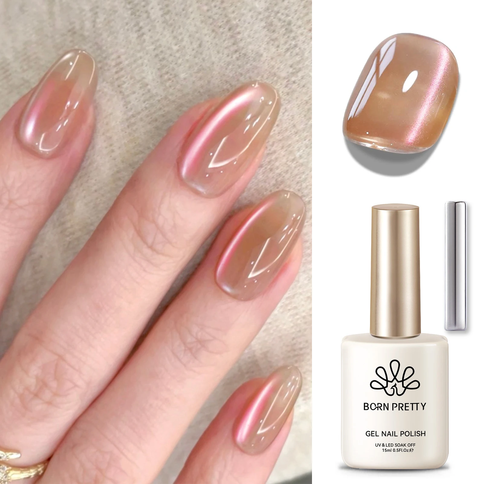 BORN RRETTY 15ml Vei Cat Magnetic GEL เล็บลูกปัดแก้วฤดูร้อนสีชมพูทอง Glitter Soak Off UV เจลเล็บเคลือบเงา