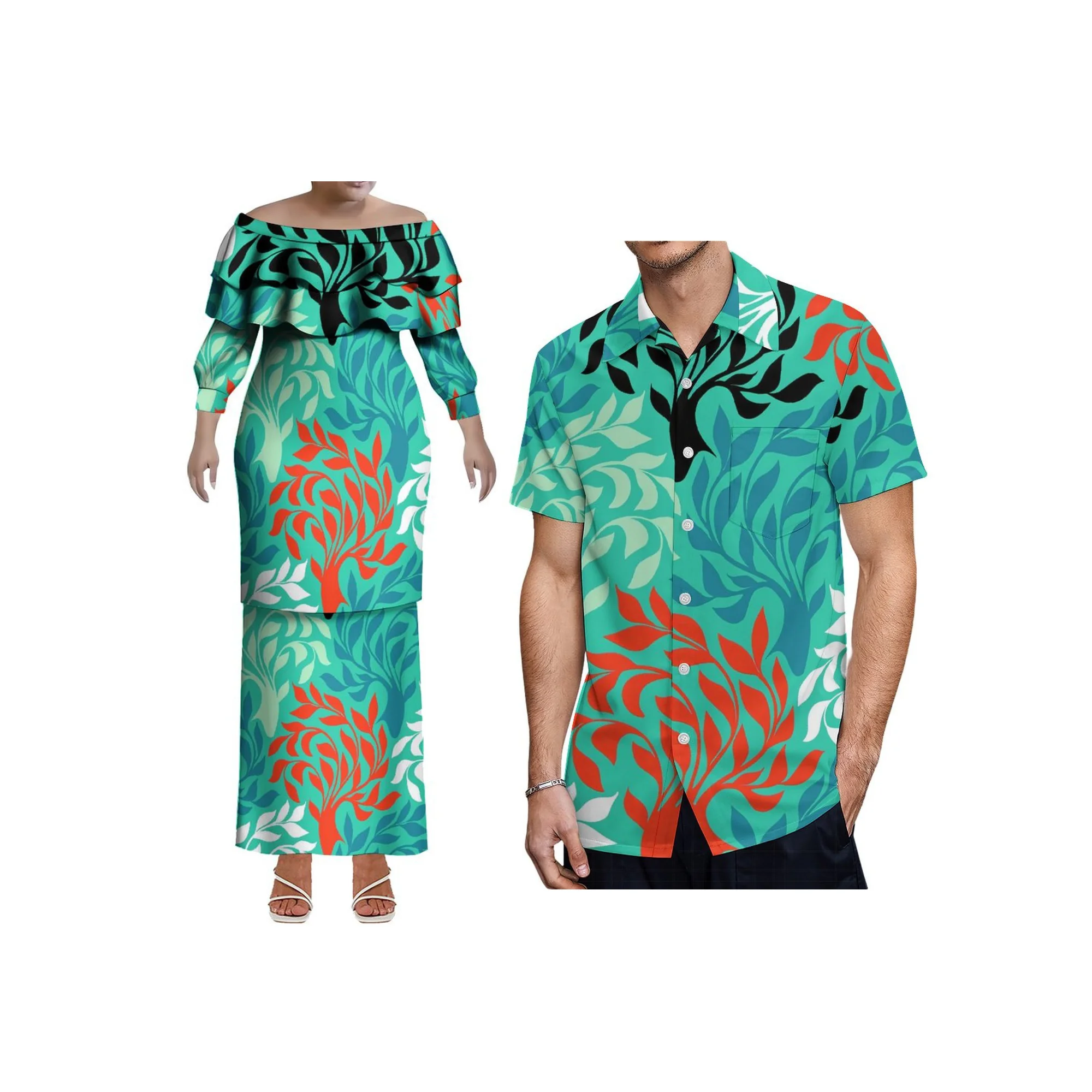 2025 novo estilo design personalizado senhoras fora do ombro vestido 2 peça conjunto samoa puletasi vestido plus size dupla camada babado vestido