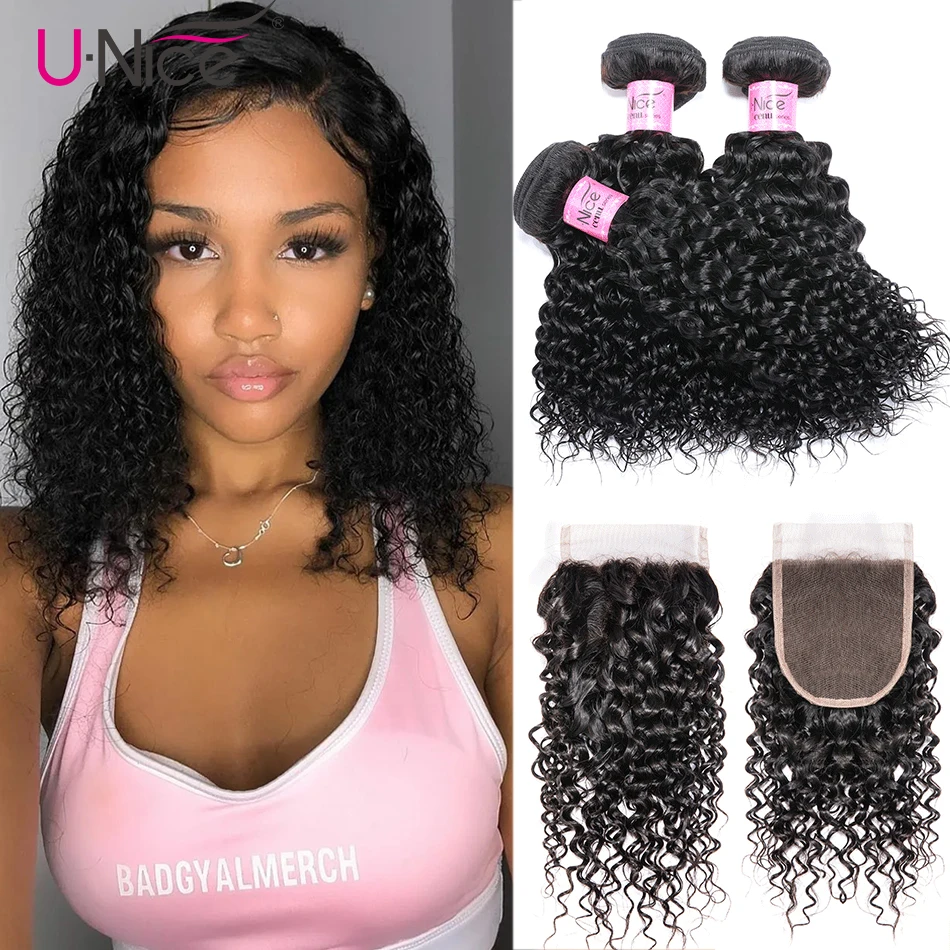 

Unice Hair 3 Pcs Curly Hair Bundles with Closure Short Brazilian Hair Bundles with 4*4 Closure Free Part Jerry Curly Virgin Hair