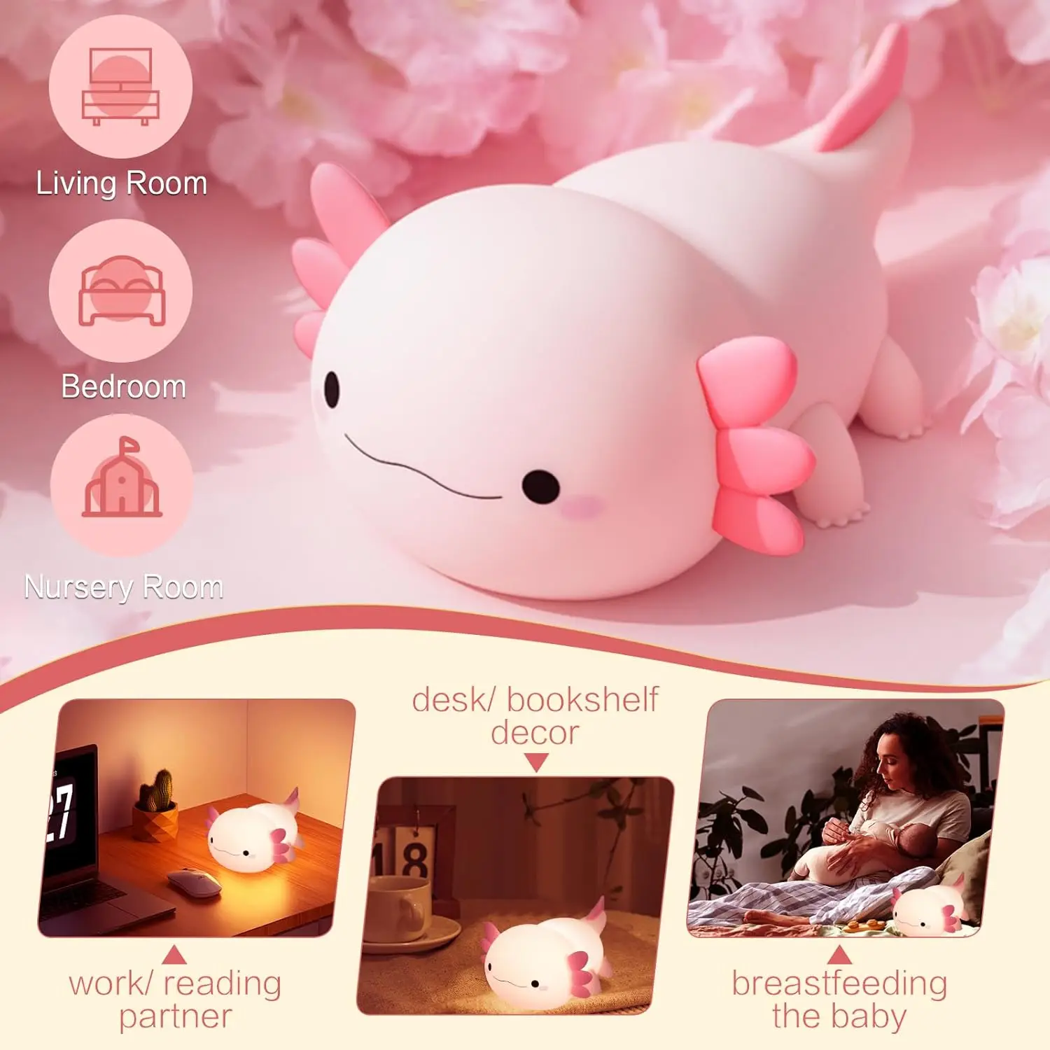 Simpatica luce notturna Axolotl - Lampada LED ricaricabile tramite USB con timer, adorabile design a salamandra, illuminazione per l'atmosfera della decorazione della stanza per la camera da letto
