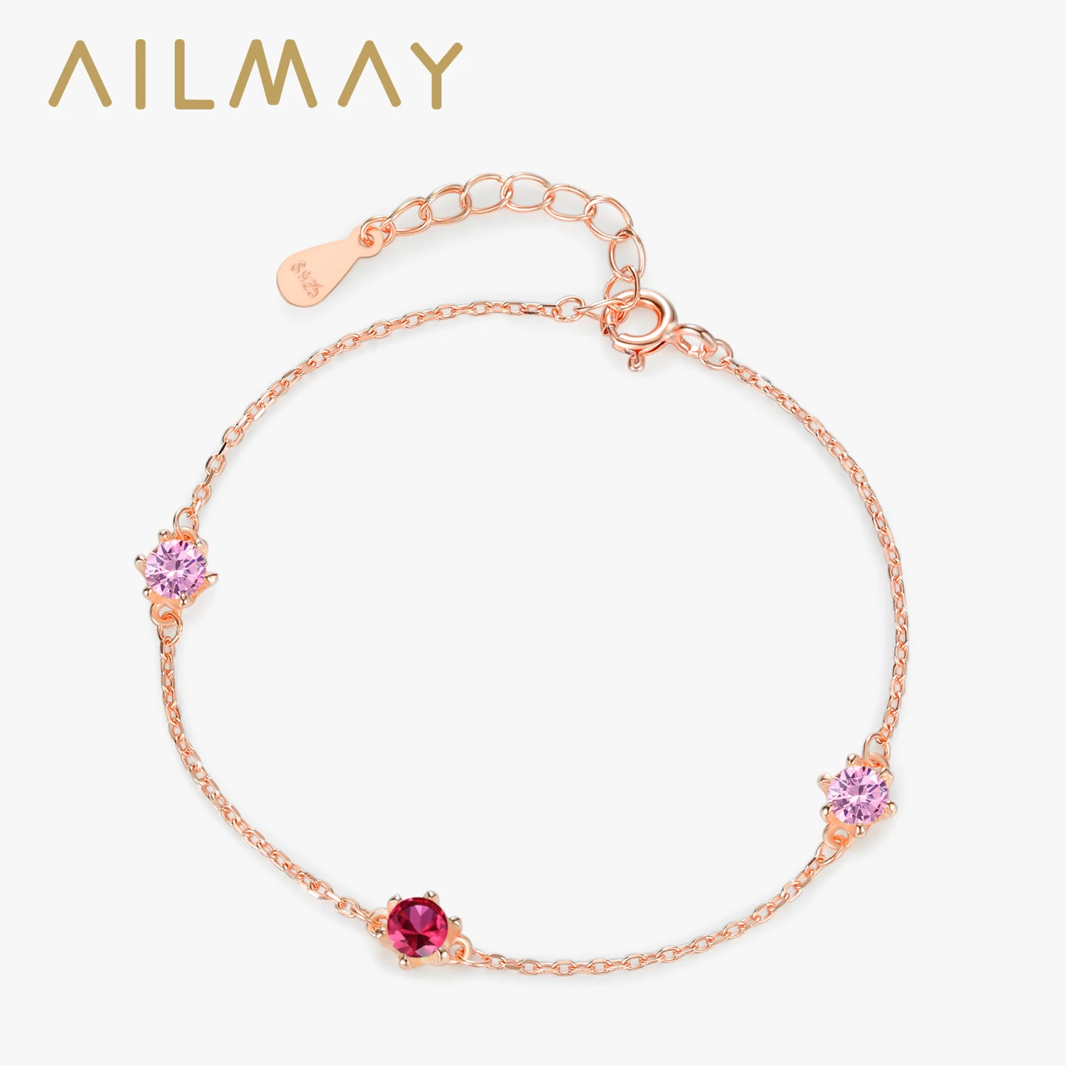 

Ailmay 925 Sterling Silver Pink series Zircon Rose Gold Color Chain Bracelet For Women Wedding Party Jewelry Accessories