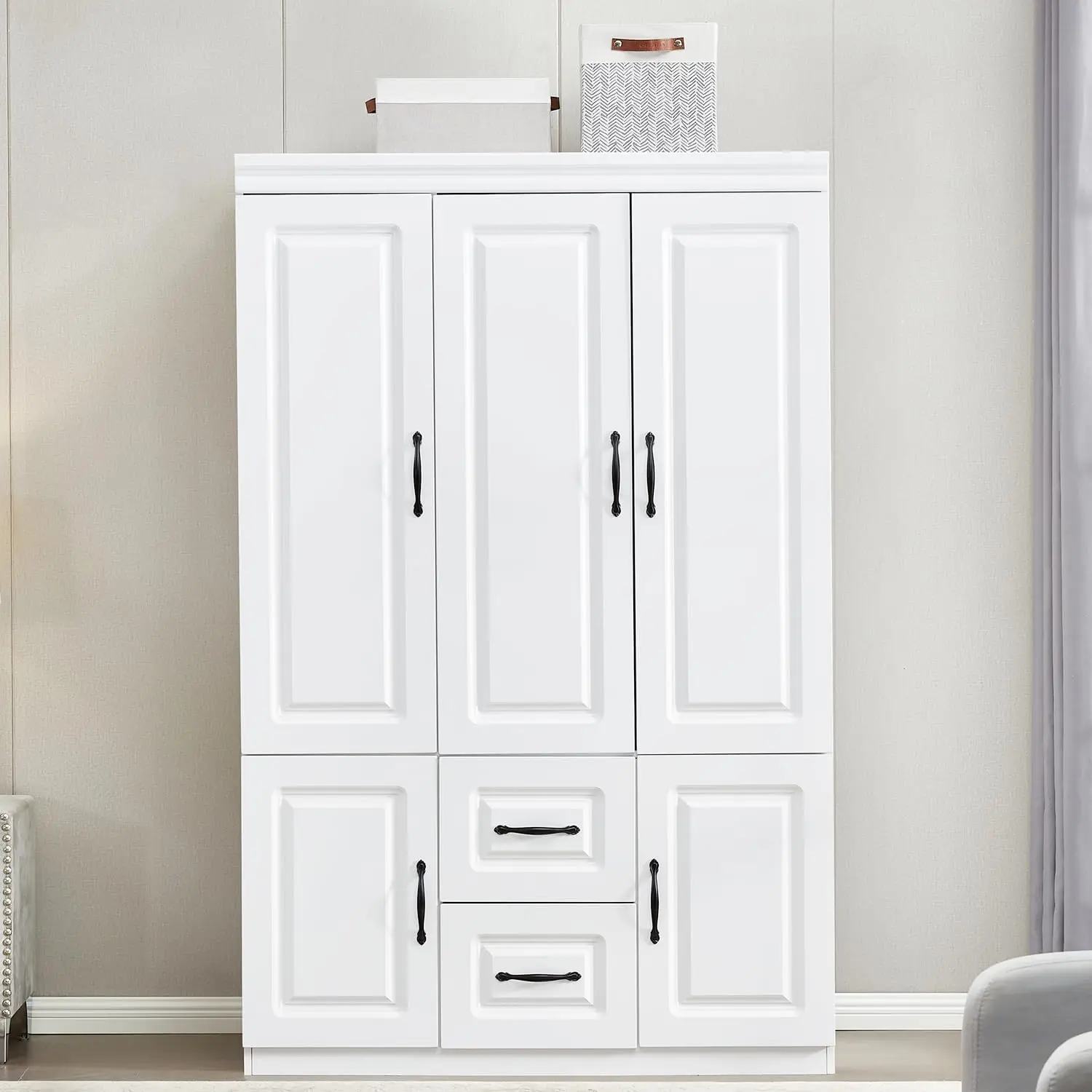 3 Doors Armoire Wardrobe Closet Wood White Storage Closet Wardrobe Cabinet Bedroom Armoires with Hanging Rod 2 Drawers Clothes W