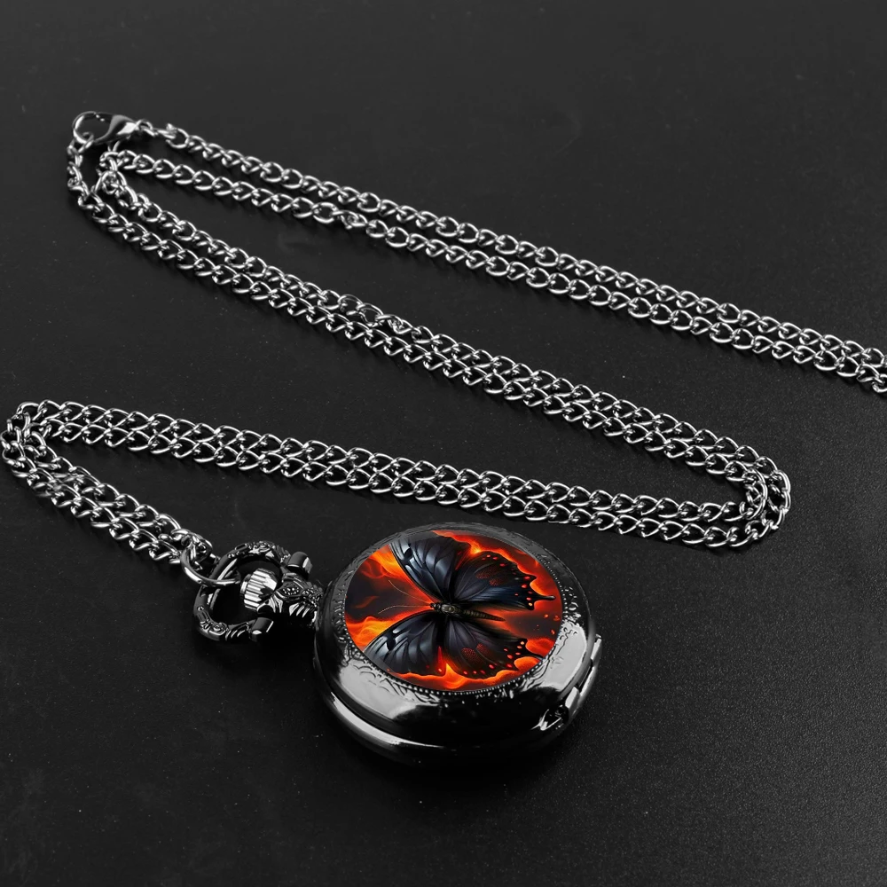 Flame Butterfly Design Glass Dome Quartz Pocket Watch With Durable Chain Arabic Numeral Dial For Men And Women Creative Gifts