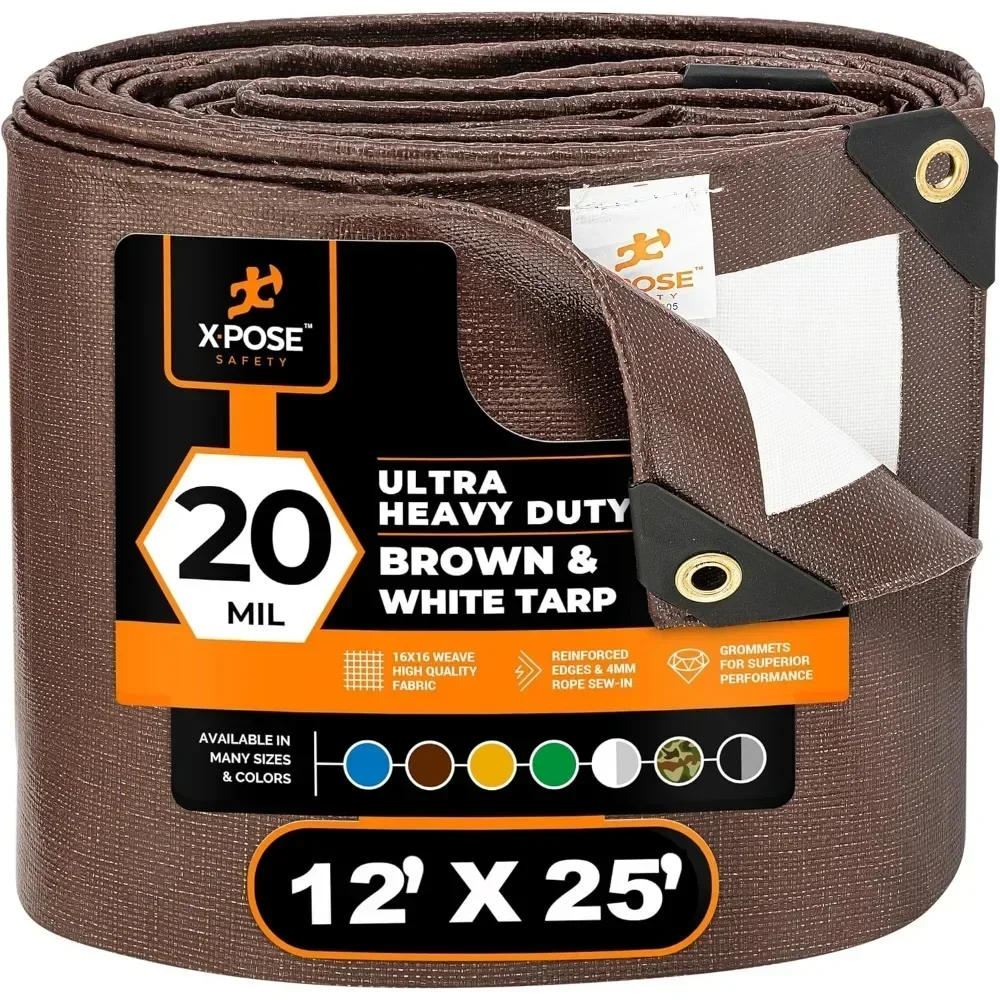 

Hot sales12' x 25' Brown/White Ultra Heavy Duty Tarp - 20 Mil Waterproof Cover With UV Protection, Reinforced Corners for Rain,
