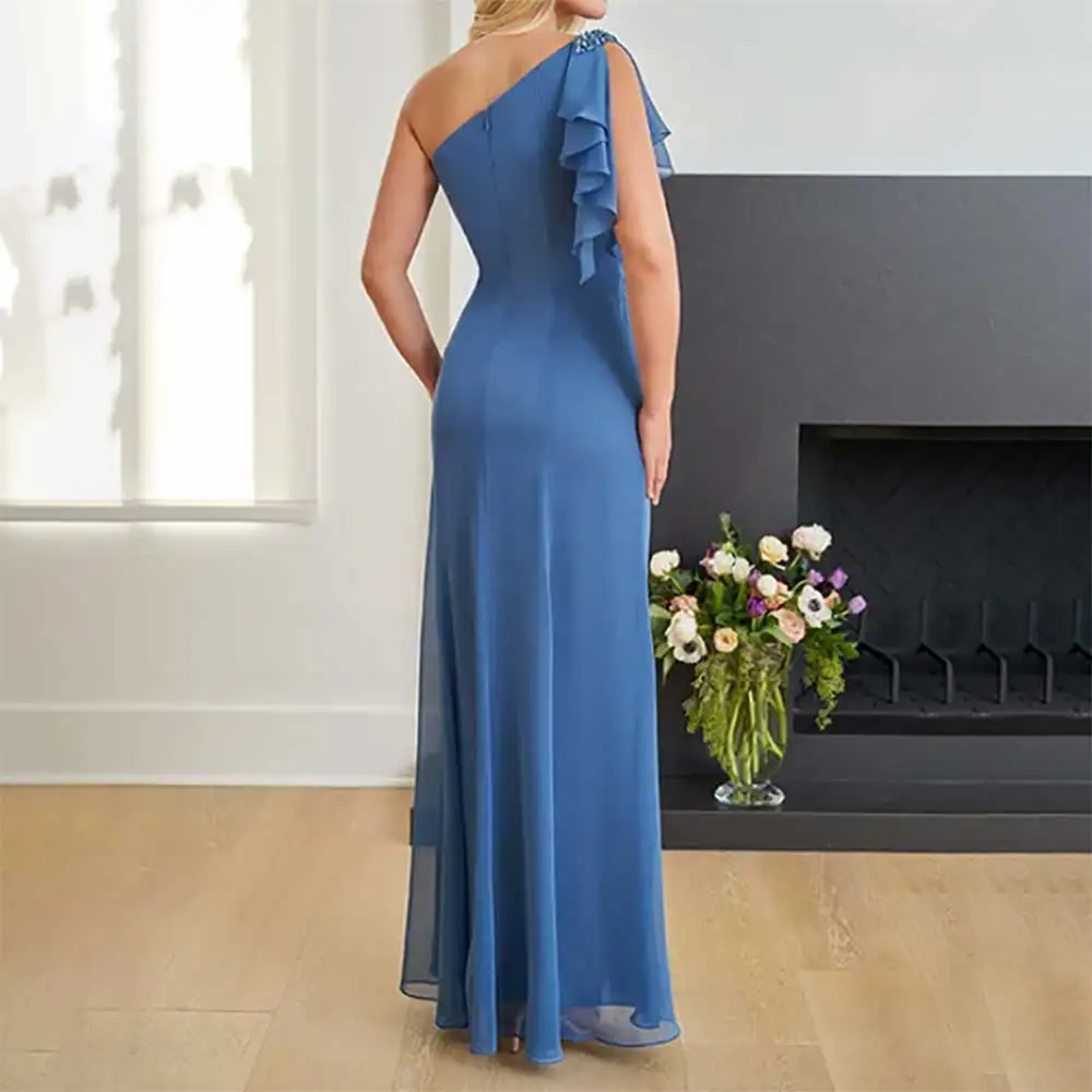 Robe mère de la mariée élégante, asymétrique épaule dénudée, plissée, sans manches, fente latérale, dos nu, robes de soirée formelles